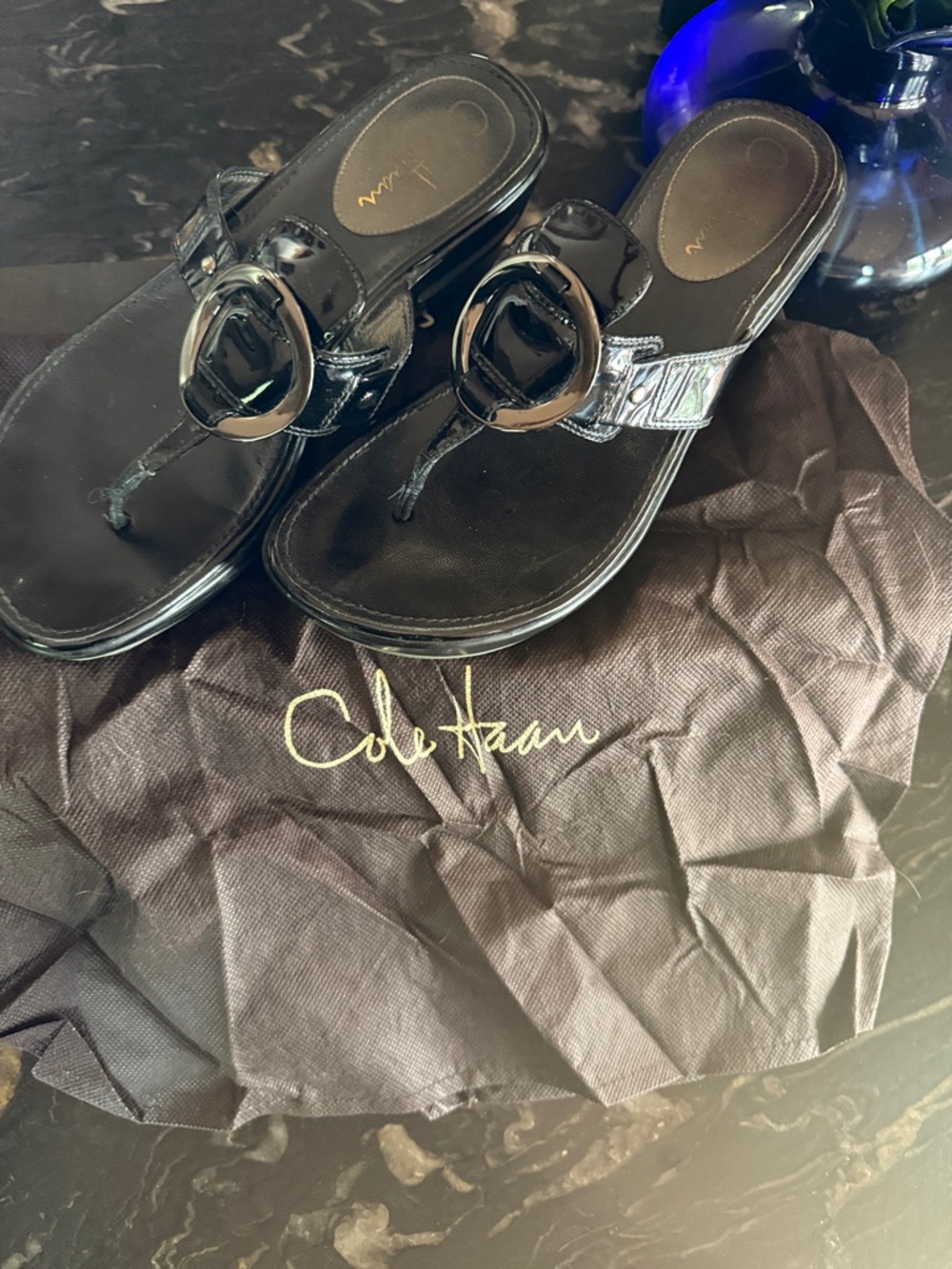 Cole Haan Black Patent Leather Toe-Ring Sandals